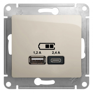 GLOSSA USB РОЗЕТКА А+С, 5В/2,4А, 2х5В/1,2А, механизм, МОЛОЧНЫЙ