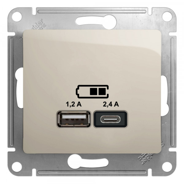 GLOSSA USB РОЗЕТКА А+С, 5В/2,4А, 2х5В/1,2А, механизм, МОЛОЧНЫЙ