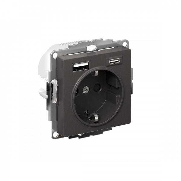 ATLASDESIGN РОЗЕТКА 16А с 2 USB A+C, 5В/2,4А/3,0А, 2х5В/1,5А, механизм, БАЗАЛЬТ