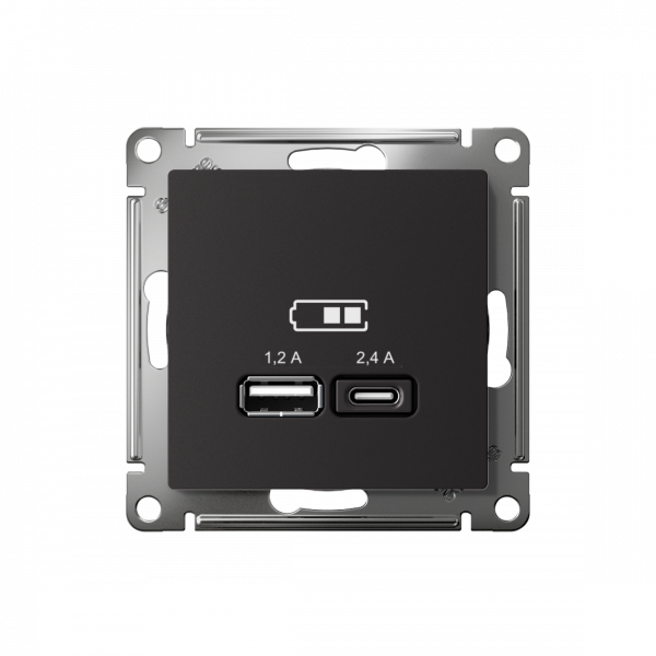 ATLASDESIGN USB РОЗЕТКА А+С, 5В/2,4А, 2х5В/1,2А, механизм, КАРБОН