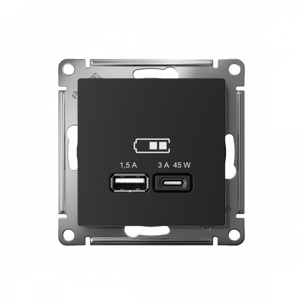 ATLASDESIGN USB РОЗЕТКА A + тип-C 45Вт высокоскор.заряд. QC, PD, механизм, КАРБОН