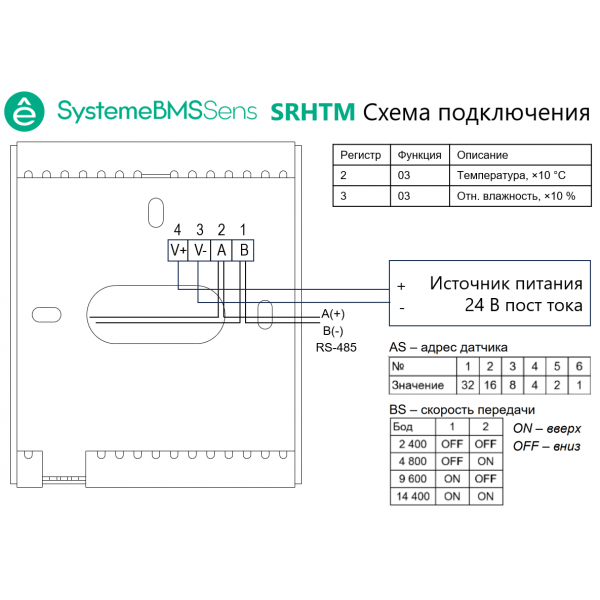 Датчик влажности и температуры комнатный, RS485 ModbusRTU =15…35В