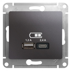 GLOSSA USB РОЗЕТКА А+С, 5В/2,4А, 2х5В/1,2А, механизм, ГРАФИТ