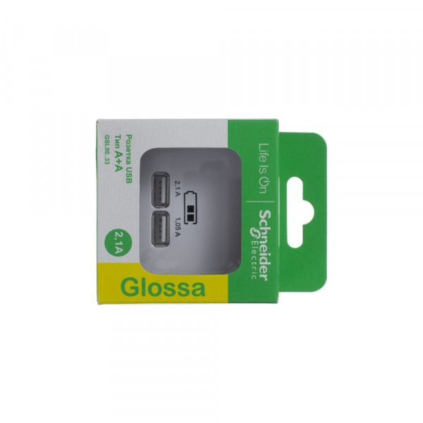 GLOSSA USB РОЗЕТКА A+A, 5В/2,1А, 2х5В/1,05А, механизм, БЕЛЫЙ