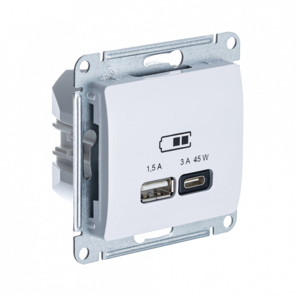 GLOSSA USB РОЗЕТКА A + тип-C 45Вт высокоскор.заряд. QC, PD, механизм, БЕЛЫЙ