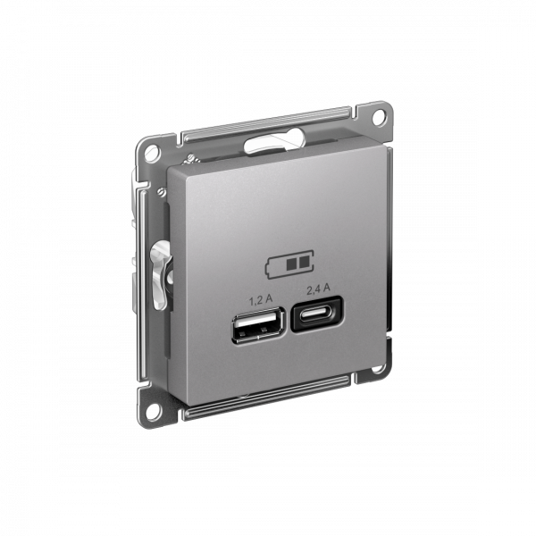 ATLASDESIGN USB РОЗЕТКА А+С, 5В/2,4А, 2х5В/1,2А, механизм, АЛЮМИНИЙ