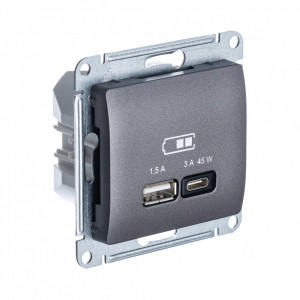 GLOSSA USB РОЗЕТКА A + тип-C 45Вт высокоскор.заряд. QC, PD, механизм, ГРАФИТ