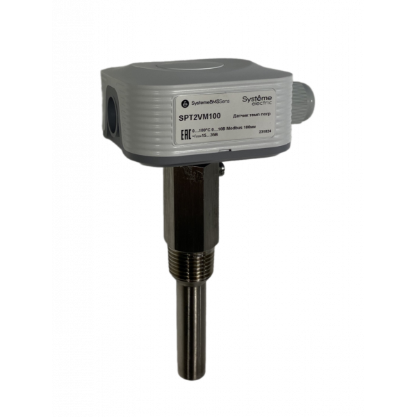 Датчик температуры погружной, 0…+100°С 0…10В RS485/Modbus 100мм ~24В±20%/=15…35В с гильзой 50мм