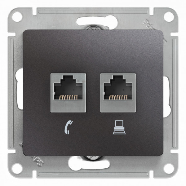 GLOSSA РОЗЕТКА двойная RJ11+RJ45 кат.5e, механизм, ГРАФИТ