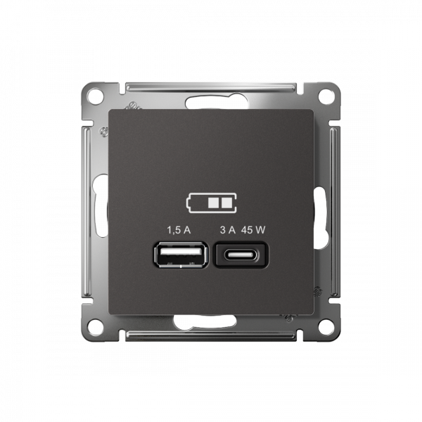 ATLASDESIGN USB РОЗЕТКА A + тип-C 45Вт высокоскор.заряд. QC, PD, механизм, БАЗАЛЬТ
