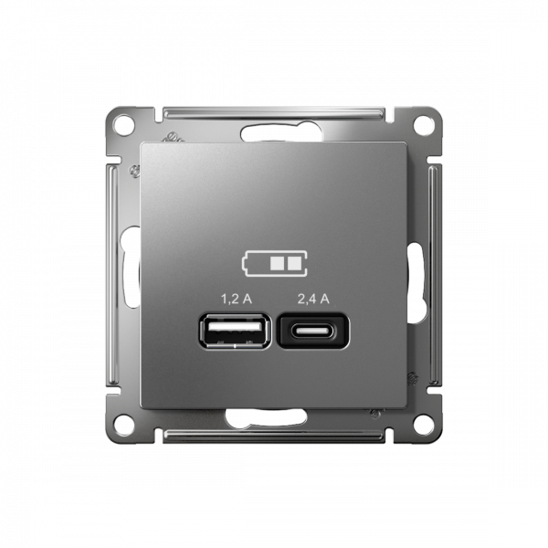 ATLASDESIGN USB РОЗЕТКА А+С, 5В/2,4А, 2х5В/1,2А, механизм, СТАЛЬ