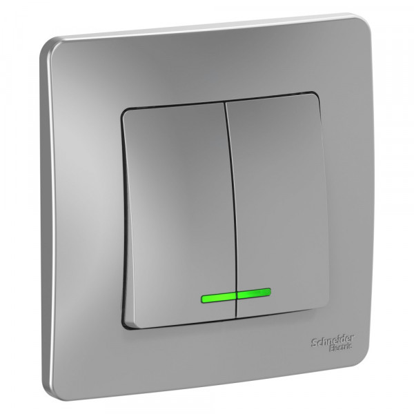 Выключатель Schneider Electric BLANCA 2х-клав. с подсвет. С/У 10АХ/250B АЛЮМИНИЙ