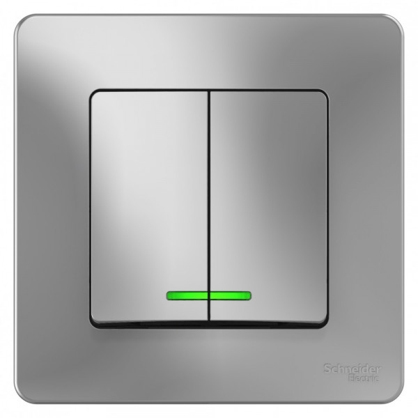 Выключатель Schneider Electric BLANCA 2х-клав. с подсвет. С/У 10АХ/250B АЛЮМИНИЙ