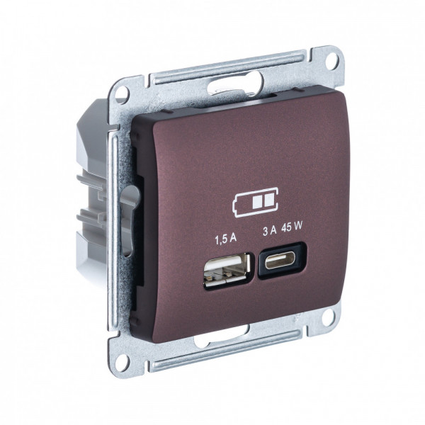 GLOSSA USB РОЗЕТКА А + тип-С 45Вт высокоскор.заряд. QC,PD, мех., БАКЛАЖАНОВЫЙ