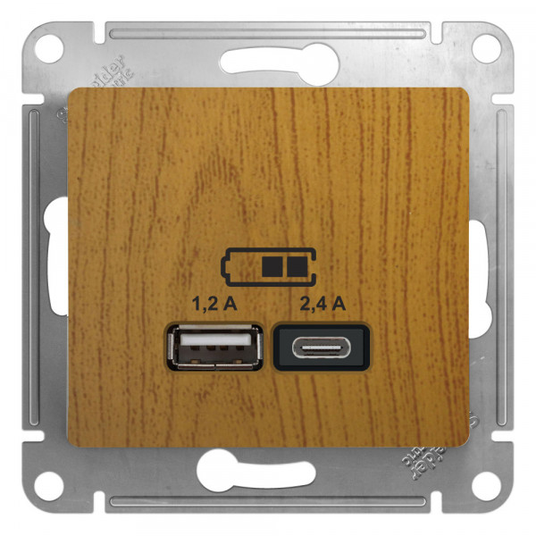 GLOSSA USB РОЗЕТКА А+С, 5В/2,4А, 2х5В/1,2А, механизм, ДУБ