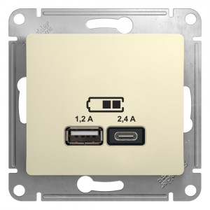 GLOSSA USB РОЗЕТКА А+С, 5В/2,4А, 2х5В/1,2А, механизм, БЕЖЕВЫЙ