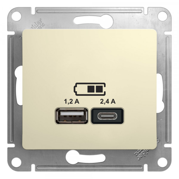 GLOSSA USB РОЗЕТКА А+С, 5В/2,4А, 2х5В/1,2А, механизм, БЕЖЕВЫЙ