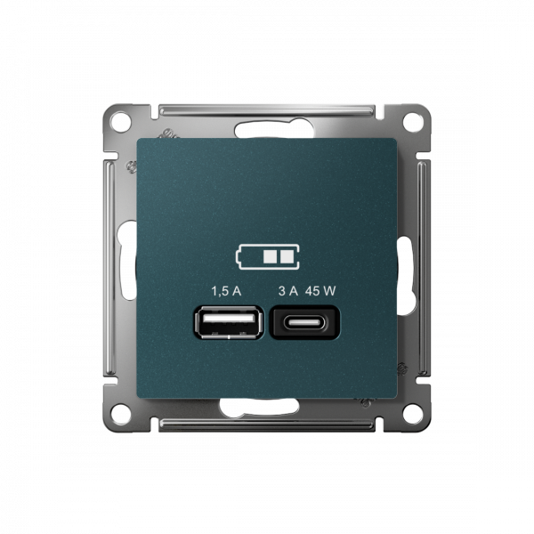 ATLASDESIGN USB РОЗЕТКА A + тип-C 45Вт высокоскор.заряд. QC, PD, механизм, ИЗУМРУД