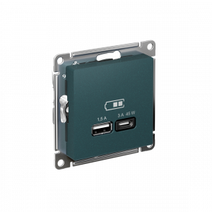 ATLASDESIGN USB РОЗЕТКА A + тип-C 45Вт высокоскор.заряд. QC, PD, механизм, ИЗУМРУД