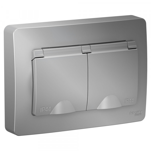 Розетка Schneider Electric BLANCA 2х-мест. IP44 заземл.+шторки С/У 16А/250В АЛЮМИНИЙ